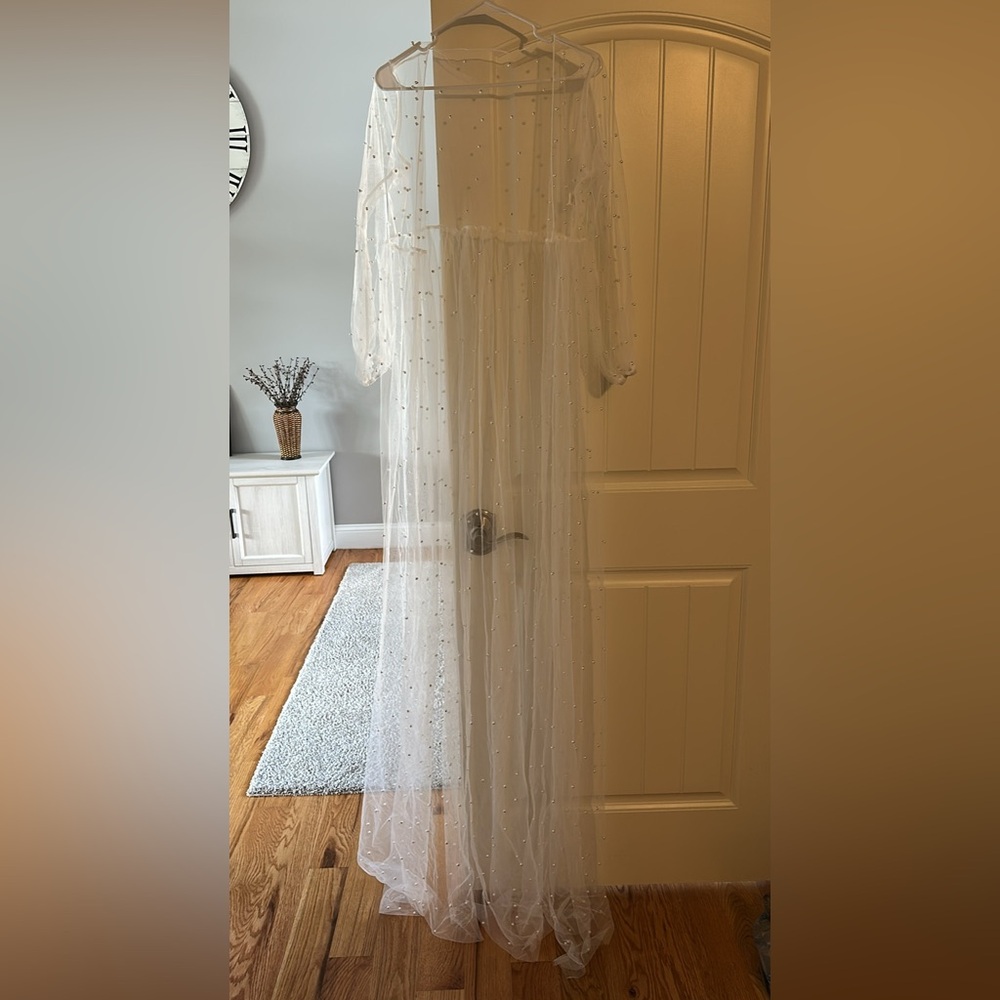 Elegant Sheer White Robe with Pearl Accents